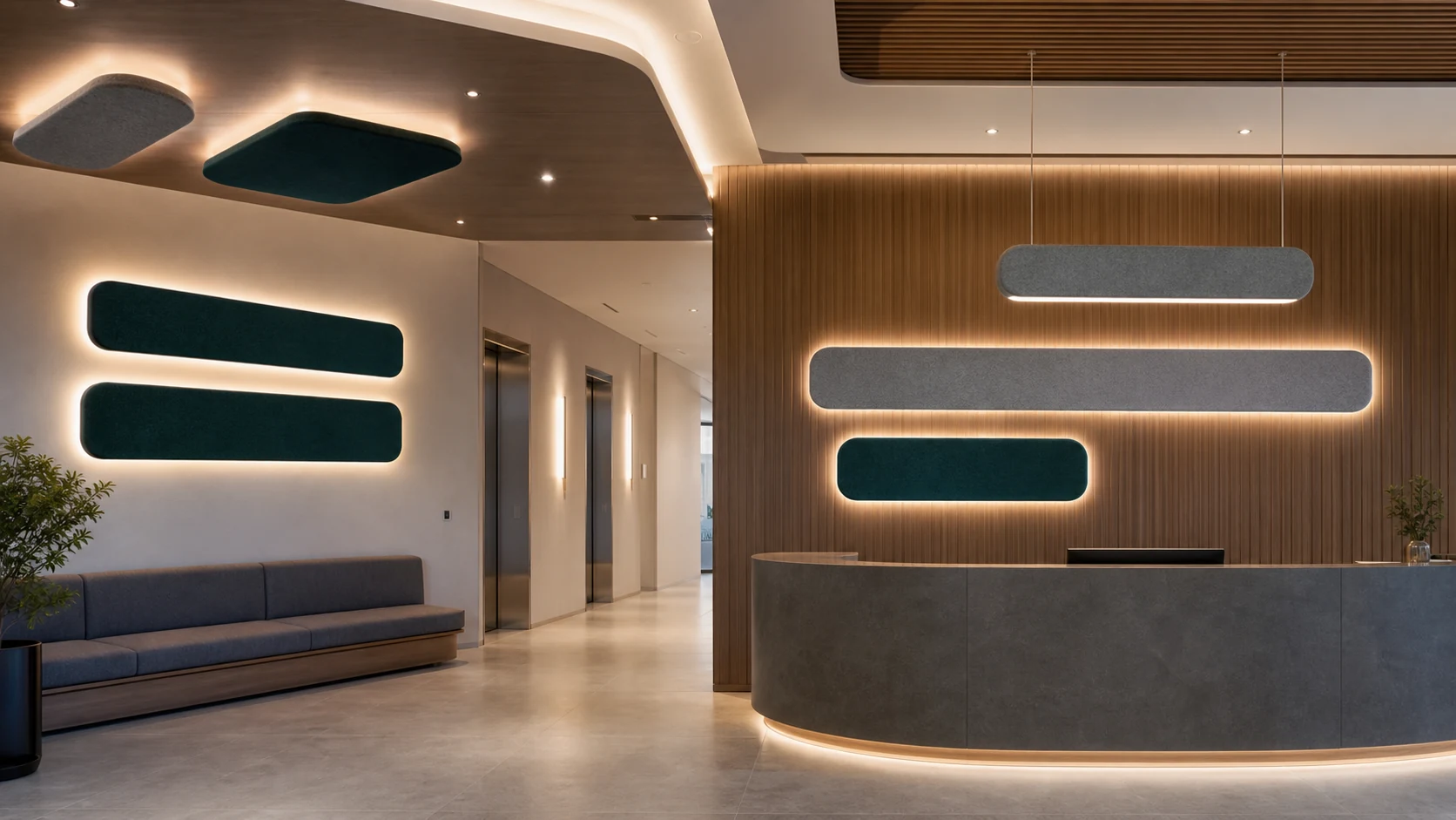 Commercial reception area with KO-XYM-0215 PET Felt acoustic wall and ceiling lighting