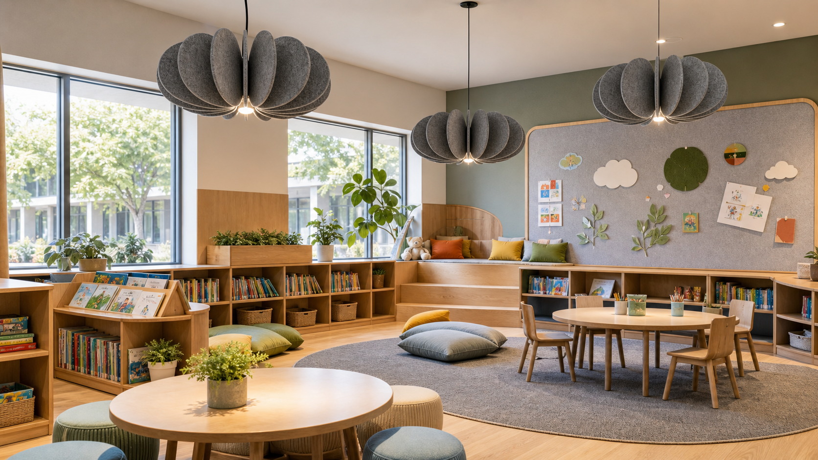 Early learning reading area with KO-XYM-0155 petal acoustic pendant lights