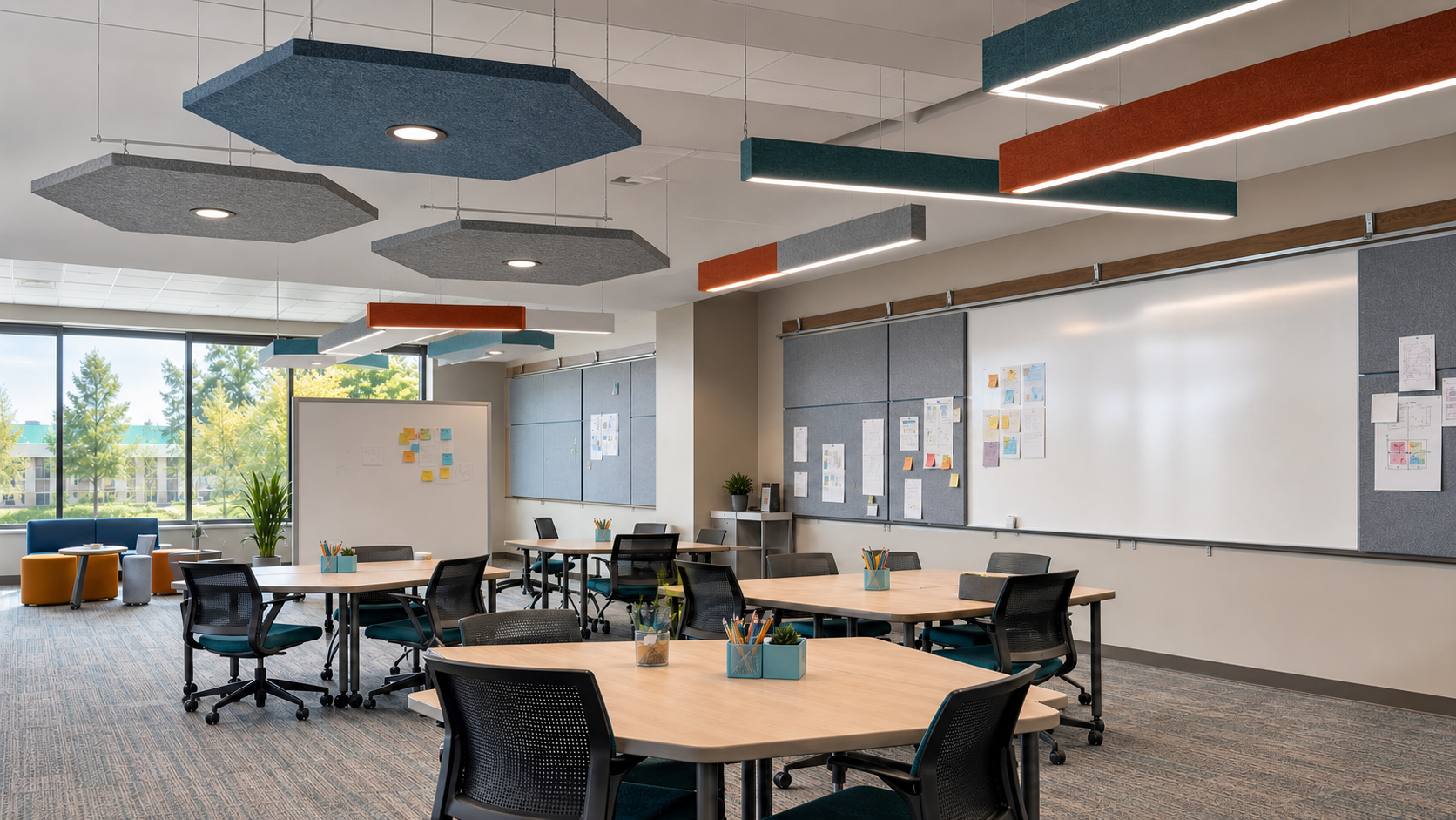 Training room with colorful PET Felt acoustic pendant lights