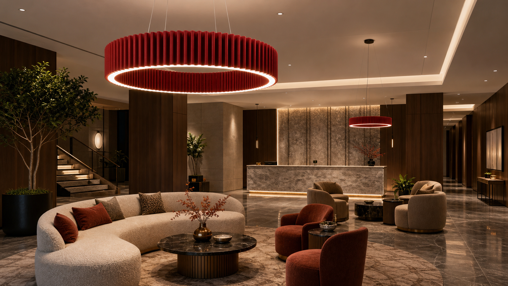 Boutique hotel lobby lounge with KO-XYM-0024 ribbed acoustic ring pendant lights