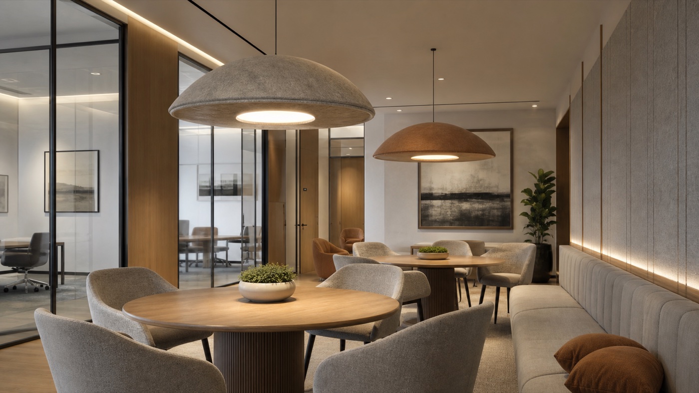 Acoustic lighting and softer materials in an office lounge or meeting area