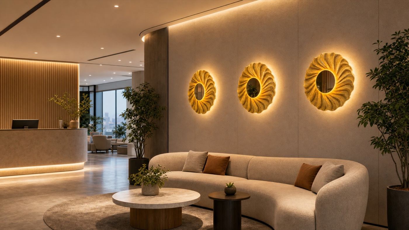Wall acoustic panel treatment in a commercial waiting or reception area