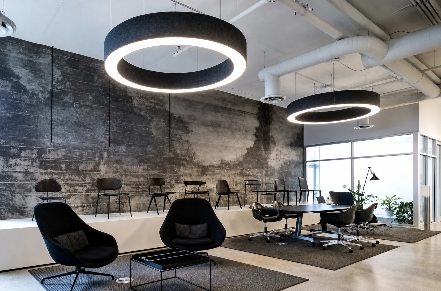 Acoustic ring pendant lighting above a commercial workspace