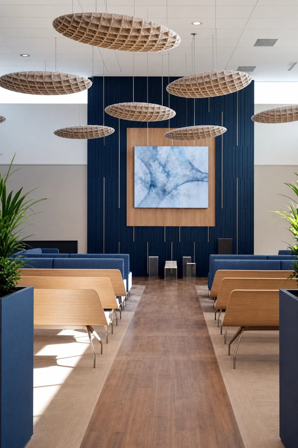 Decorative woven acoustic pendant lighting in a hospitality interior