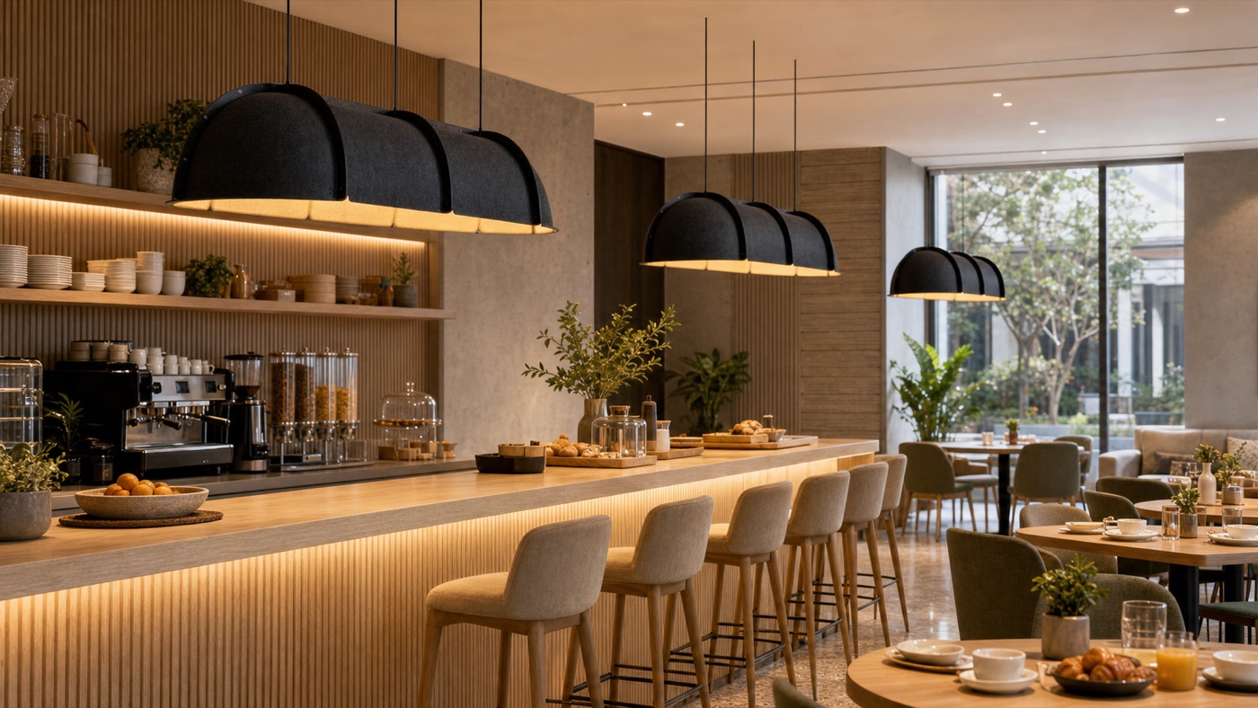 PET felt acoustic pendant lights in a cafe interior