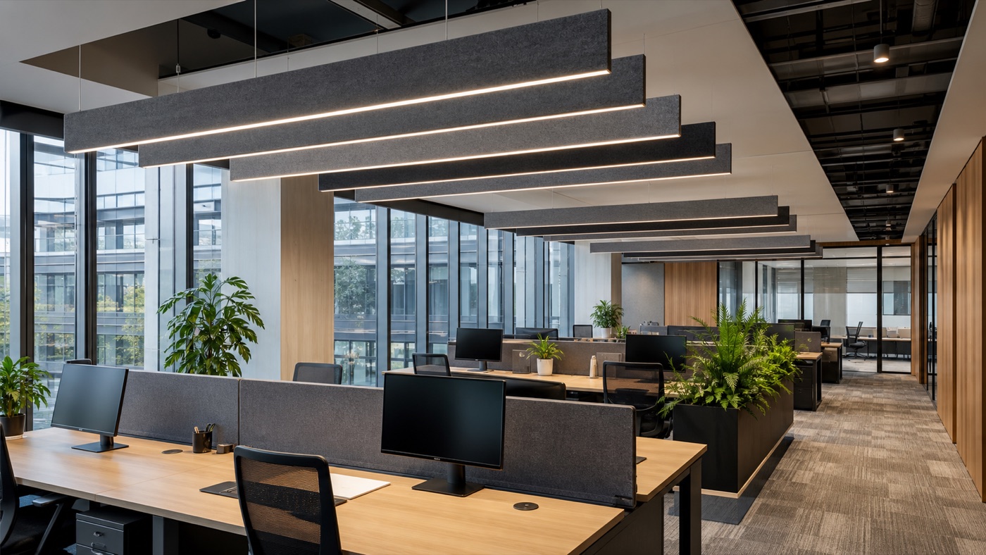 Acoustic pendant lighting above open office workstations