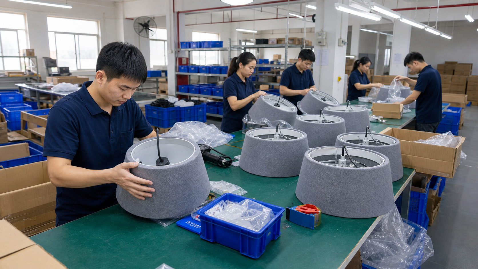 Acoustic pendant light assembly line in the FLOSEEK factory