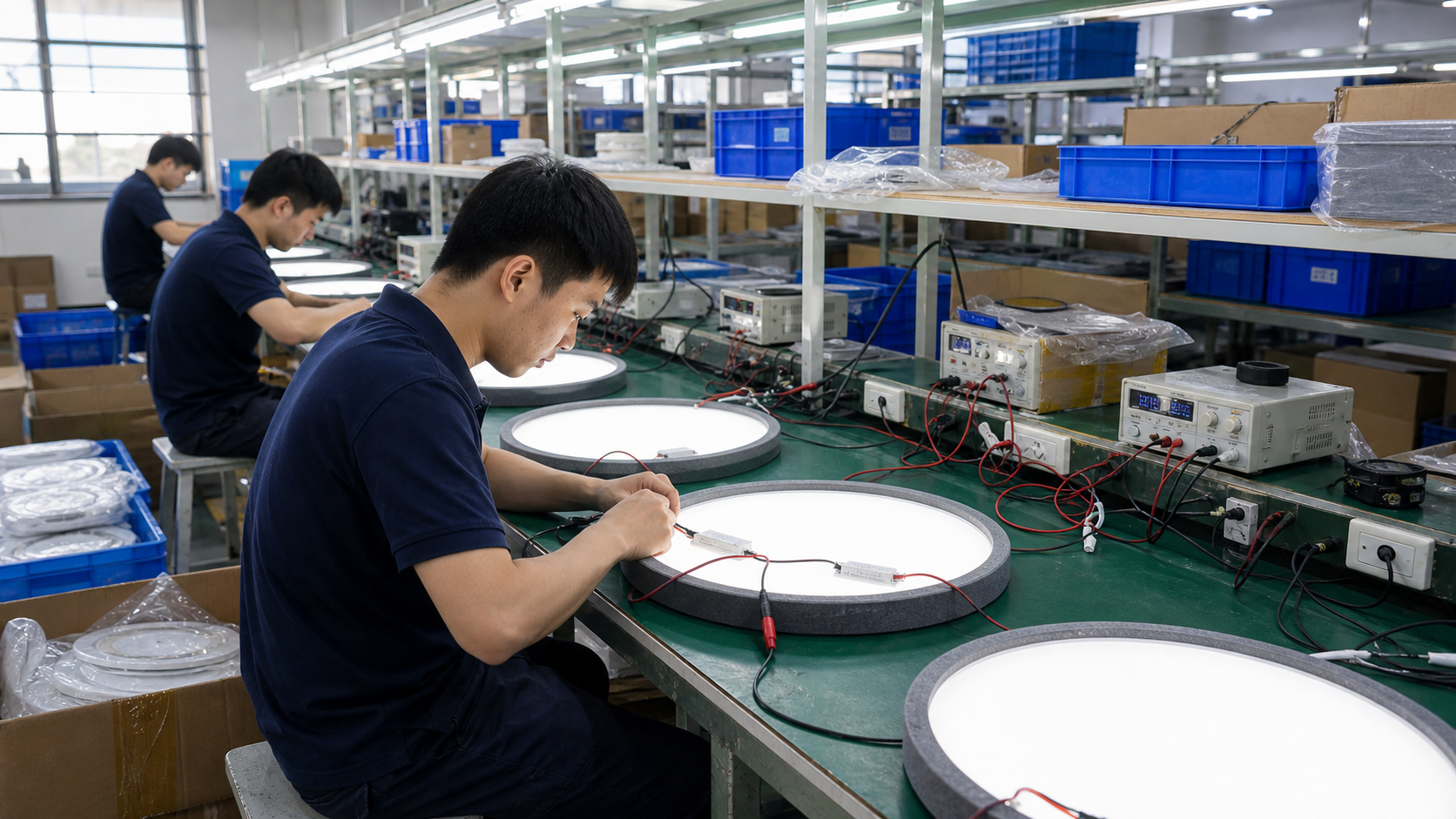 Round acoustic ceiling and wall light electrical testing in the FLOSEEK factory