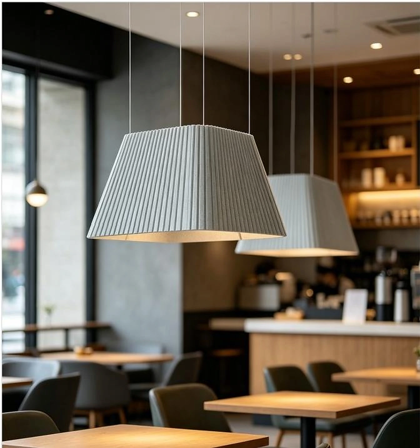 PET felt acoustic lighting in a cafe or hospitality interior