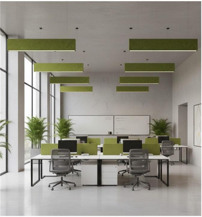 KO-XYM-0164 acoustic linear lights installed above office workstations